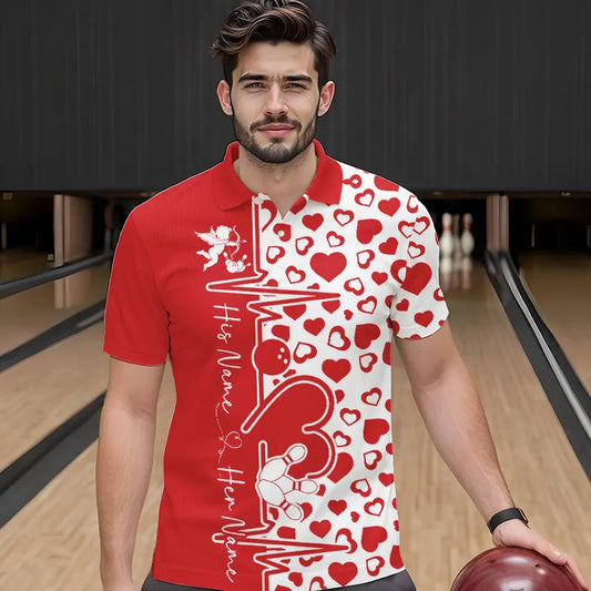 Red Bowling Heartbeat Pulse Line Custom Valentines Day Bowling Polo Shirts For Men IPHW8331