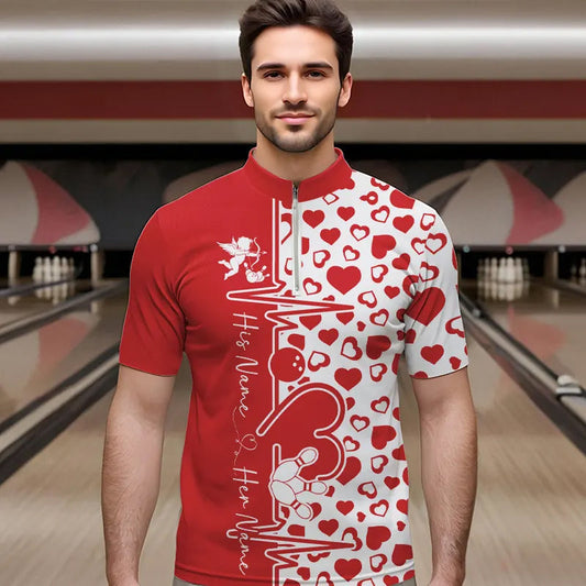 Red Bowling Heartbeat Pulse Line Custom Valentines Day Bowling Quarter-Zip Shirts For Men IPHW8331
