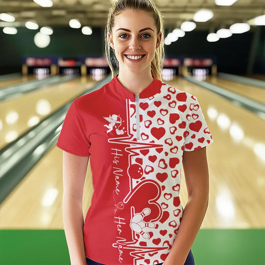 Red Bowling Heartbeat Pulse Line Custom Valentines Day Bowling Quarter-Zip Shirt For Women IPHW8331