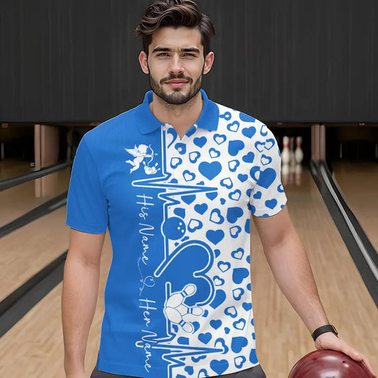 Blue Bowling Heartbeat Pulse Line Custom Valentines Day Bowling Polo Shirts For Men IPHW8333