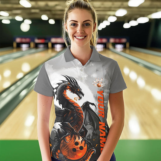 Black And Orange Custom Dragon Bowling Polo Shirts For Women, Dragon Bowling Team Shirts IPHW8819
