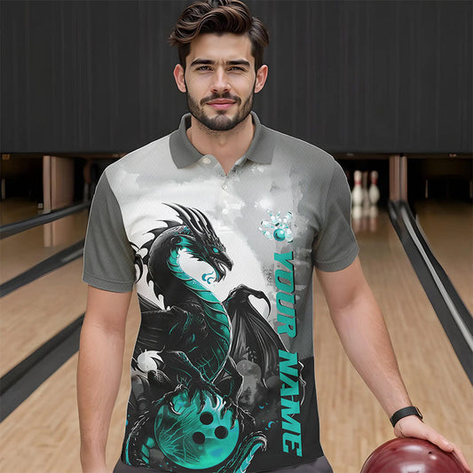 Black And Turquoise Blue Custom Dragon Bowling Polo Shirts For Men, Bowling Team Shirts IPHW8820