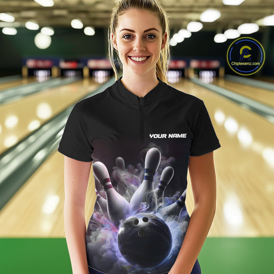 Custom Women Bowling Quarter Zip Shirts Smoke Bowling Team Jerseys Strike Bowling Shirts IPHW5402