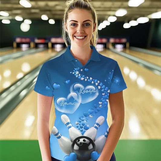 Blue Heart Theme Custom Valentines Bowling Polo Shirts For Women, Couple Bowling Shirt IPHW8345