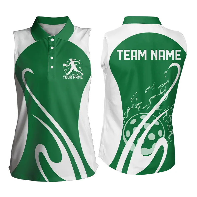 Custom Green Pickleball Women's Sleeveless Polo Shirts, Flame Pickleball Tournament Team Shirt IPHW8117
