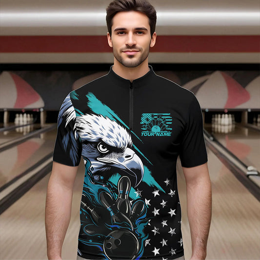Black And Blue American Flag Eagle Custom Patriotic Flame Bowling Team Men Quarter-Zip Shirts IPHW8849