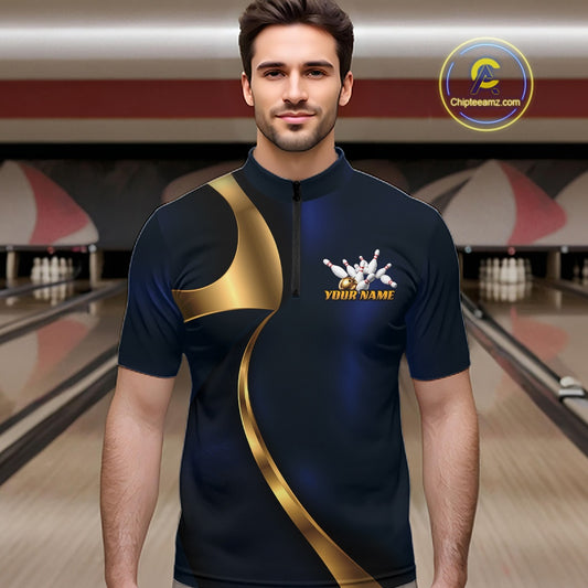 A man wearing a dark navy bowling shirt with gold curved accents and a white bowling graphic with the text 'YOUR NAME' on the chest, set against a bowling alley background. A 'Chipeeamz.
