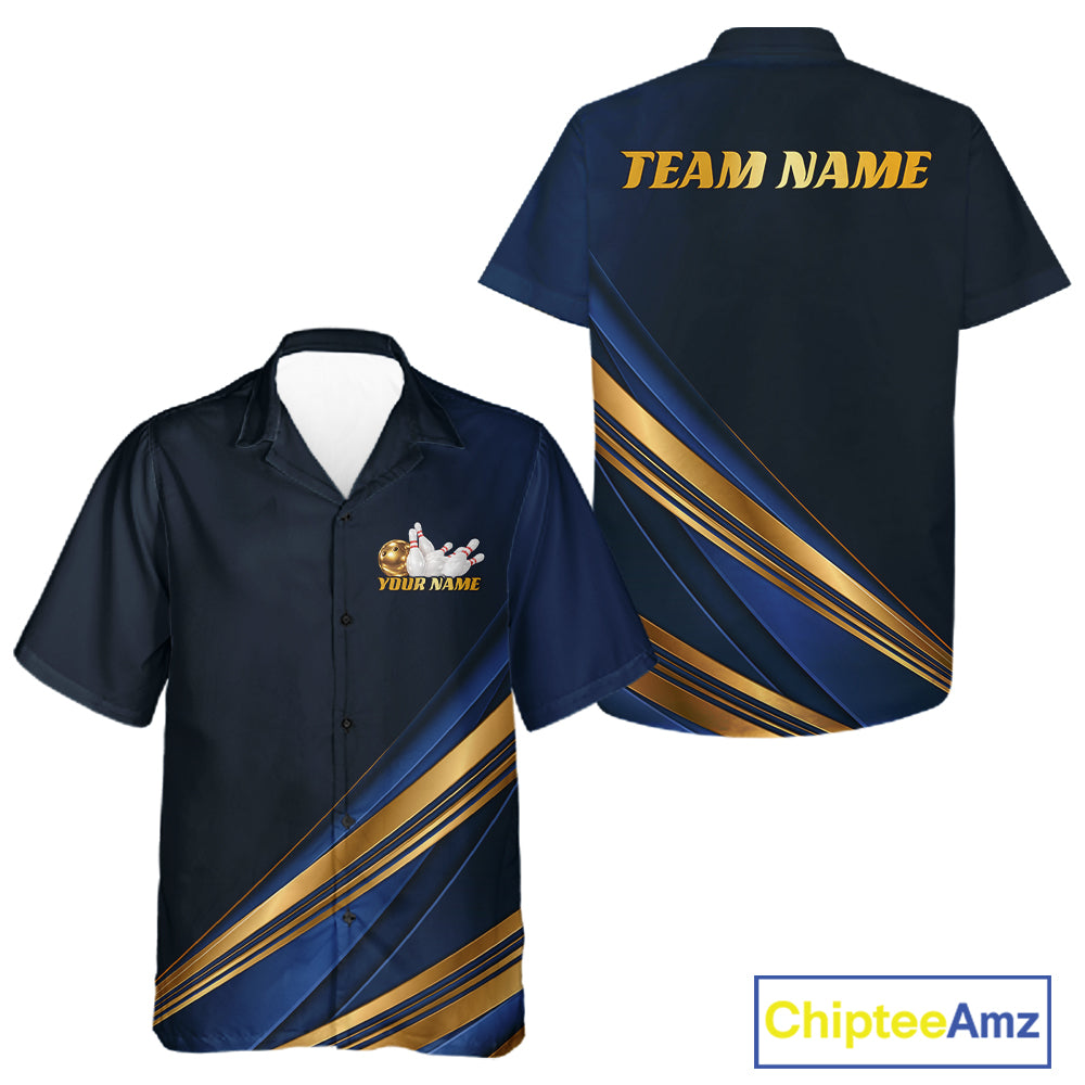 Custom short-sleeve button-up camp shirt shown in front and back views. The shirt is navy blue with diagonal gold and blue stripes, featuring customizable text 'TEAM NAME' on the back and 'YOUR NAME' with a mascot graphic on the front chest.