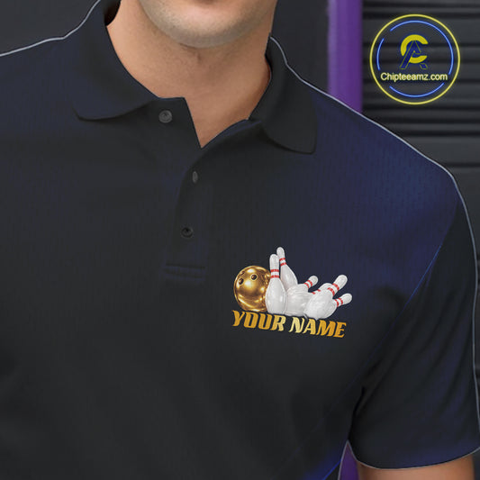 A close-up of a person wearing a dark navy polo shirt with a custom bowling-themed graphic on the chest showing a bowling ball and pins with the text 'YOUR NAME'. A circular 'Chipteamz.