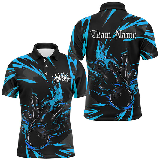 Black And Blue Custom Flame Bowling Shirts For Men, Bowling Team Shirt Bowling Uniform Outfit IPHW7401