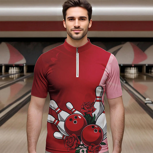 Bowling And Red Roses Custom Valentine Bowling Quarter-Zip Shirts For Men Bowling Couple Outfits IPHW8354