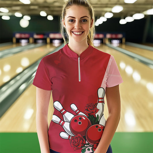 Bowling And Red Roses Custom Valentine Bowling Quarter-Zip Shirts For Women Bowling Couple IPHW8354