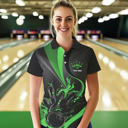 Custom Black And Green Flame Bowling Polo Shirts For Women, Fire Bowling Team Shirt IPHW8540