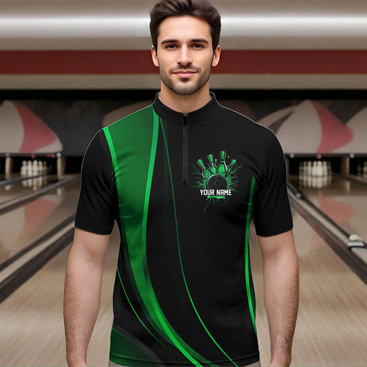 Custom Black And Green Bowling Quarter-Zip Shirts For Men, Bowling Tournament Team Shirts IPHW8543