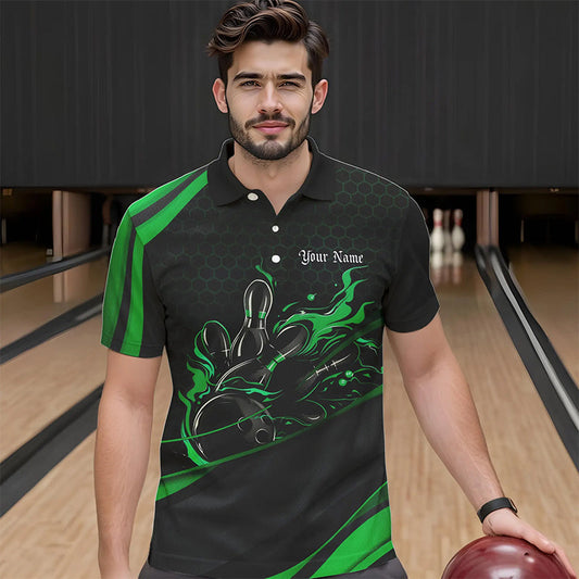 Custom Black And Green Flame Bowling Polo Shirts For Men, Bowling Tournament Team Shirts IPHW8545