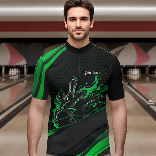 Custom Black And Green Flame Bowling Quarter-Zip Shirts For Men, Bowling Tournament Team Shirts IPHW8545