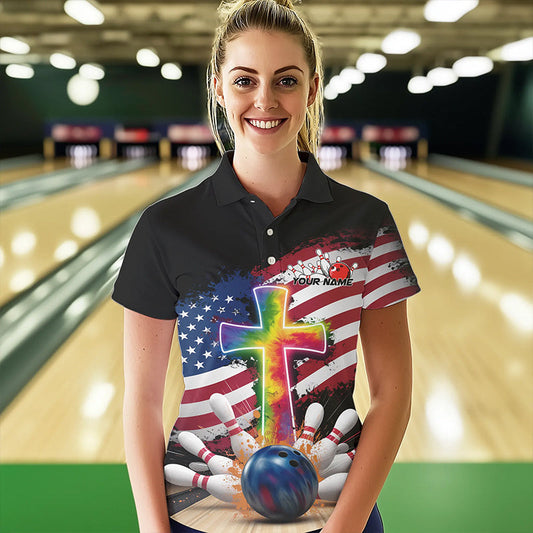 Custom Patriotic Faith Bowling Polo Shirts For Women, Tie Dye Cross US Flag Bowling Shirt IPHW8547