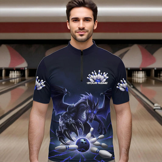 Custom Black And Blue Dragon Bowling Team Quarter-Zip Shirts For Men, Dragon Bowling League Shirt IPHW8550