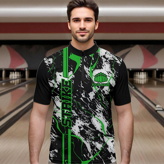 Custom Gray And Green Strike Bowling Quarter-Zip Shirts For Men, Bowling League Team Uniform IPHW8862