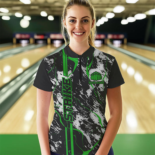 Custom Gray And Green Strike Bowling Women Quarter-Zip Shirts, Bowling League Team Uniform IPHW8862