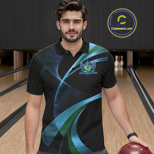 Man wearing a black and blue bowling shirt with a logo on a bowling alley.