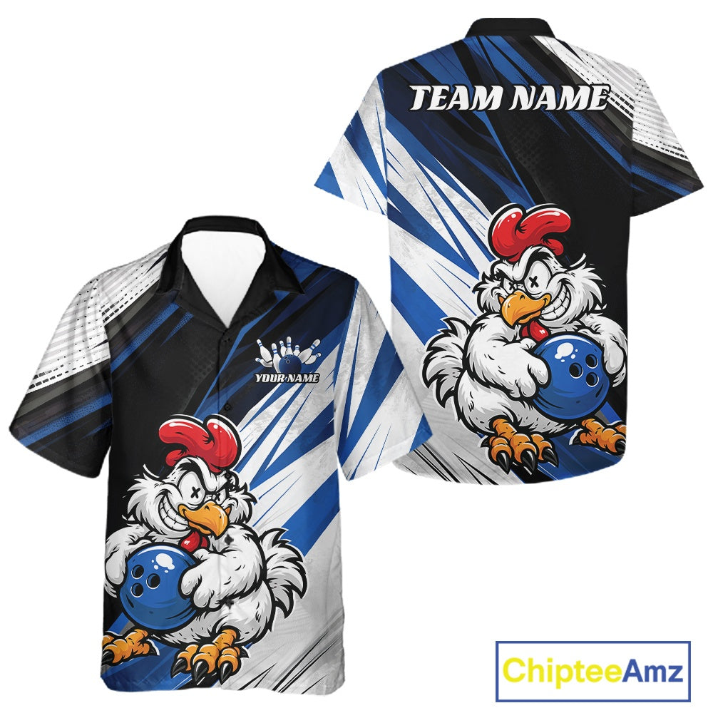 Custom short-sleeve bowling shirts shown in front and back views, featuring a cartoon rooster holding a blue bowling ball on a black, blue, and white graphic background. The back has a placeholder text 'TEAM NAME'.