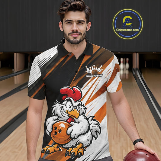 A man wearing a bowling-themed short-sleeve polo shirt with a cartoon rooster holding a red bowling ball, standing in a bowling alley. The shirt features a black, red, and white graphic design with a customizable logo area on the chest.