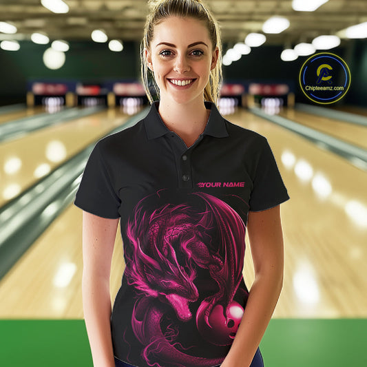 Custom Black And Pink Dragon Bowling Shirts, Bowling League Shirt Dragon Women Jersey IPHW10703