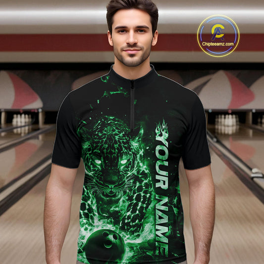 Custom Green Flaming Leopard Men Bowling Shirts, Fire Bowling Team Shirt Bowler Uniform IPHW10715