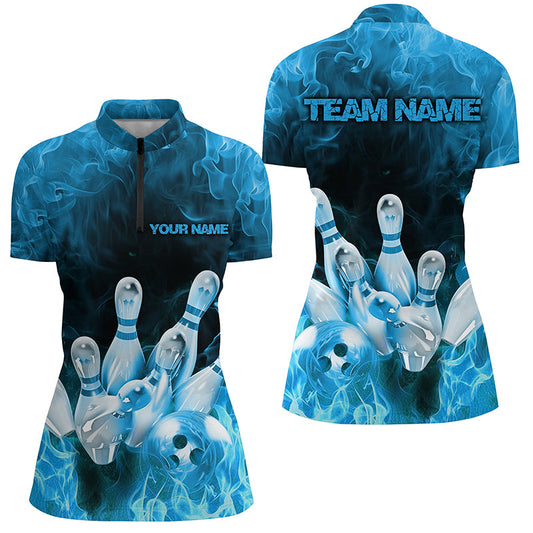 Custom Fire Strike Bowling Shirts For Women, Blue Flame Bowling League Shirts Bowling Team IPHW7119