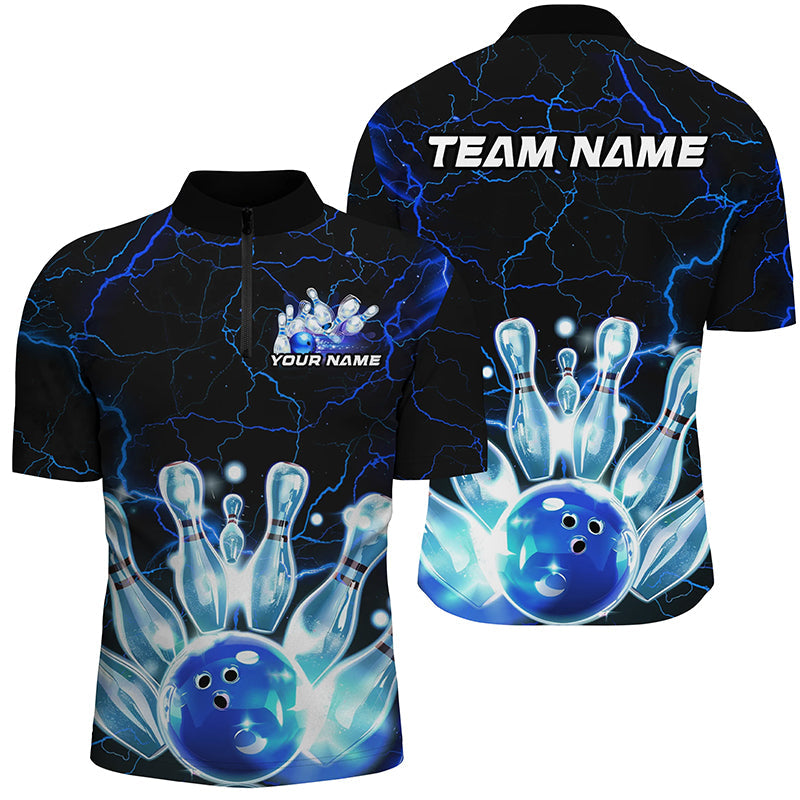Black And Blue Thunder Lightning Custom Bowling Polo Shirts For Men, Bowling League Shirts IPHW7121