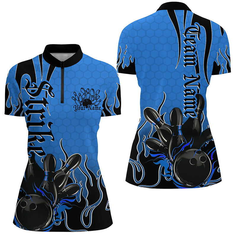 Black And Blue Custom Tribal Flame Bowling Shirts For Women, Bowling Team Shirt Bowler IPHW7942