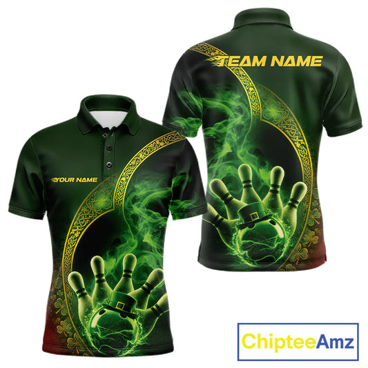 Custom Green And Gold Celtic St Patricks Day Bowling Team Shirt, Green Smoke Shamrock Bowling Outfit IPHW10445