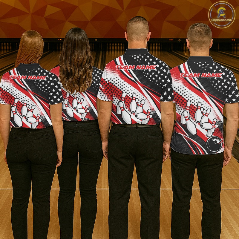 Custom Black And Red American Flag Patriotic Bowling Shirts, US Flag Bowling League Shirt Bowlers Outfit IPHW10448