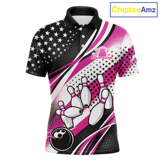 Custom Black And Pink American Flag Patriotic Bowling Shirts, US Flag Bowling League Shirt Bowlers Outfit IPHW10452