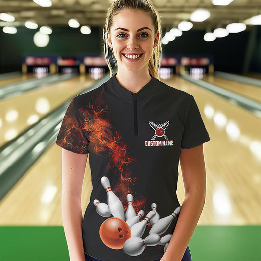 Custom Orange Bowling Women Quarter-Zip Shirts Bowling Team Jerseys Bowling League Shirts IPHW8881