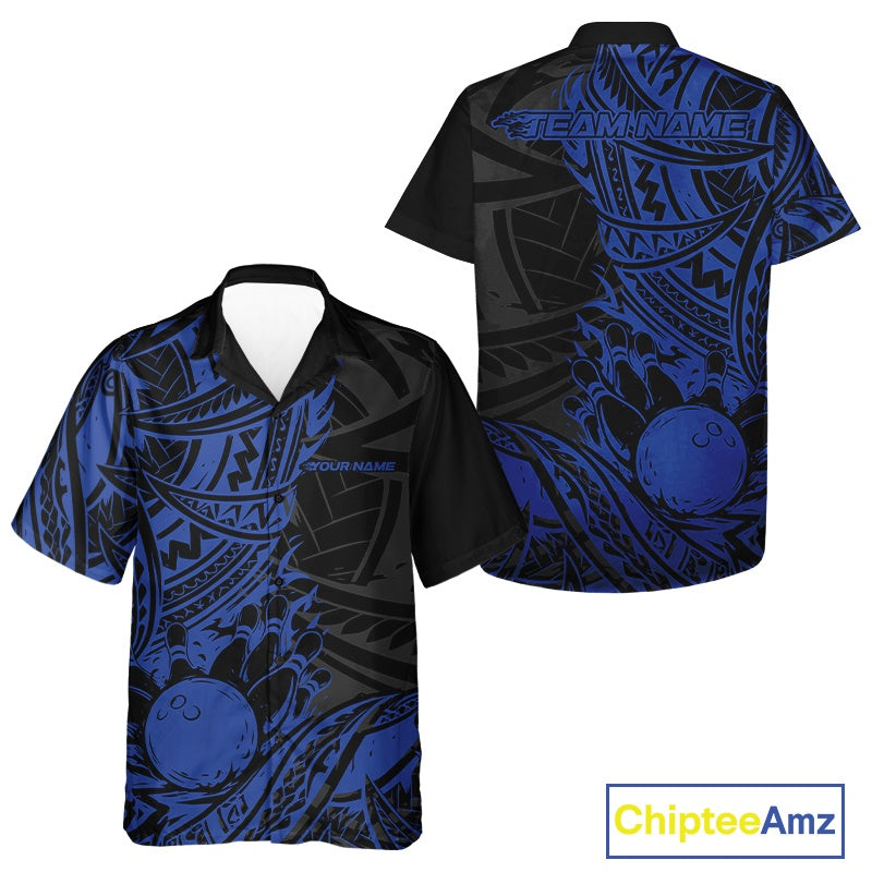Black and blue polynesian patterned button up shirt