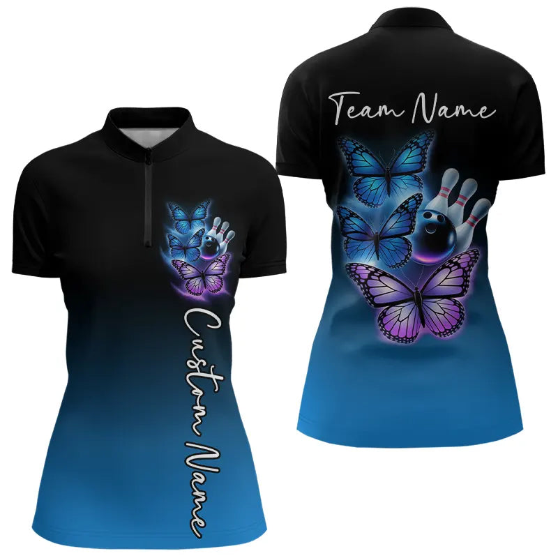 Custom Blue And Purple Butterfly Bowling Quarter-Zip Shirts For Women, Bowling Team Shirt IPHW8148