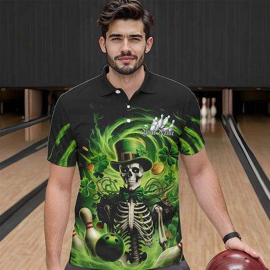 Custom Green St Patricks Day Skull Bowling Polo Shirts For Men, Shamrock Bowling Shirt IPHW8376