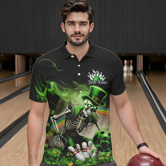 Custom Green Flame Skull Saint Patrick Day Bowling Polo Shirts For Men, Shamrock Bowling IPHW8379