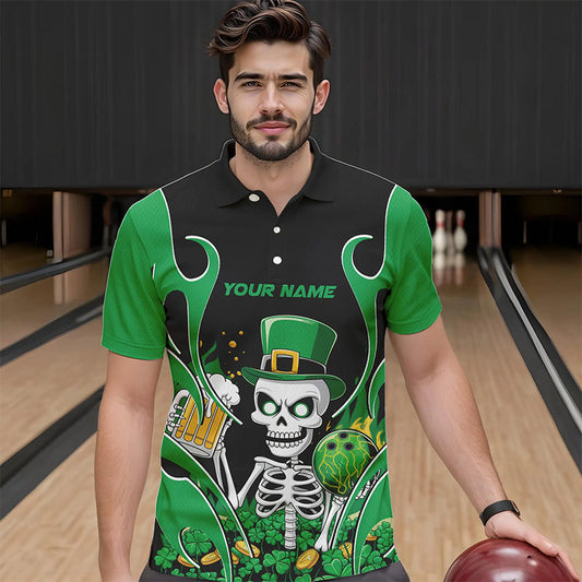 Custom Green St Patricks Day Funny Skull Drink Beer Bowling Polo Shirts For Men IPHW8381