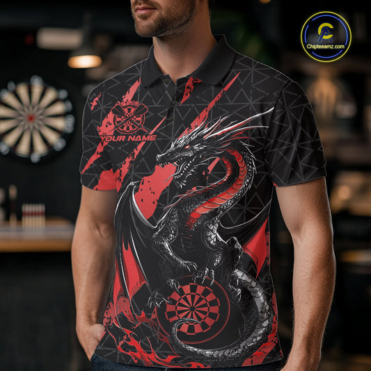 Custom Black And Red Dragon Dart Men Polo Shirts, Team Dart Jerseys IPHW10752