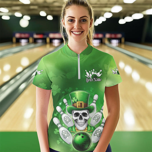 Custom Celtic St Patricks Bowling Womens Quarter-Zip Shirts, Shamprock Skull Bowling Shirt IPHW8589