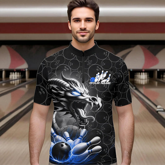 Custom Black And Blue Dragon Bowling Men Quarter-Zip Shirts, Bowling Pattern Dragon Bowler Outfit IPHW8918
