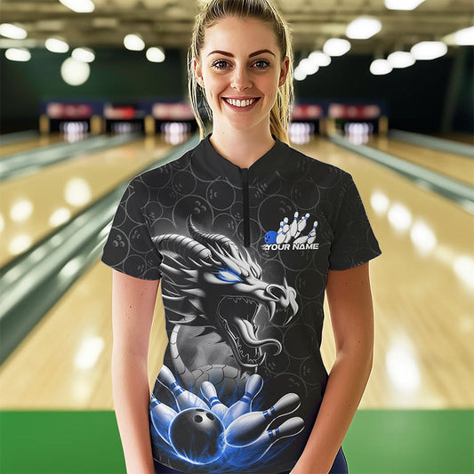 Custom Black And Blue Dragon Bowling Women Quarter-Zip Shirts, Dragon Bowler Outfit IPHW8918
