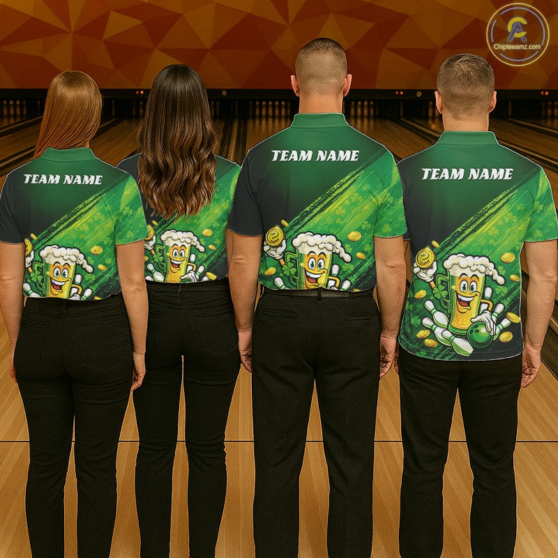 Custom Funny St Patricks Day Beer Bowling Team Shirts, Green Shamrock And Gold Coin Bowling Jerseys IPHW10520