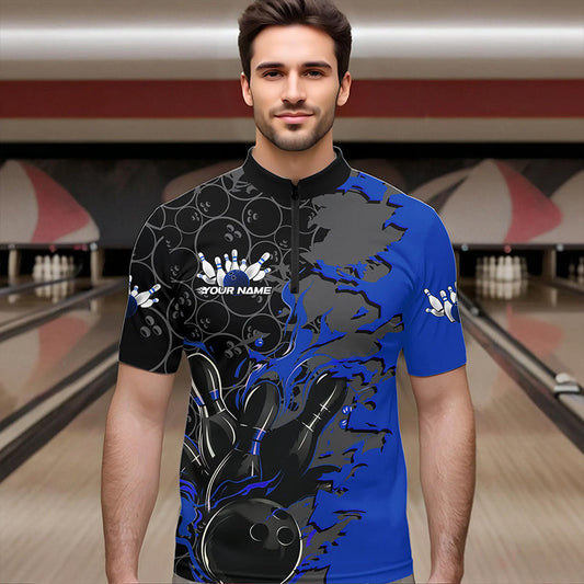 Custom Black And Blue Flame Bowling Quarter-Zip Shirts For Men, Bowling Tournament Team Uniform IPHW8617