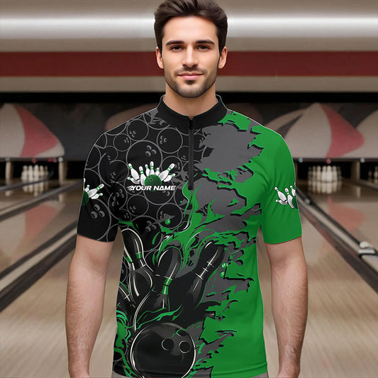 Custom Black And Green Flame Bowling Quarter-Zip Shirts For Men, Bowling Tournament Team Uniform IPHW8618