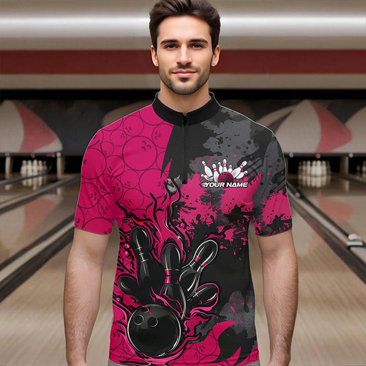 Custom Black And Pink Splatter Camo Flame Bowling Quarter-Zip Shirts For Men, Bowling Team Uniform IPHW8626