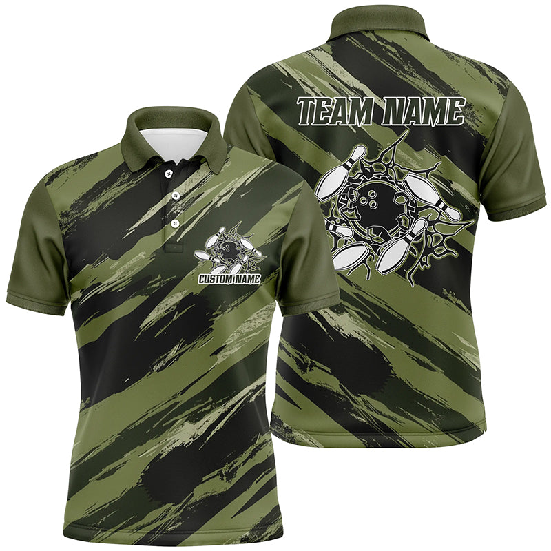 Custom Navy Green Camo Bowling Shirts For Men And Women, Bowling Strike Team Shirts IPHW6449